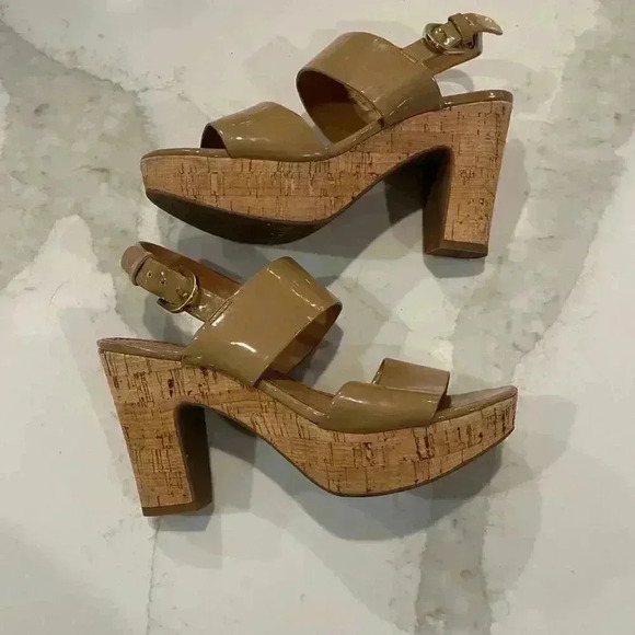 Franco Sarto Frank Nude Cork Block Heels Shiny Strappy Ankle Women’s Size 6.5 - Picture 9 of 10